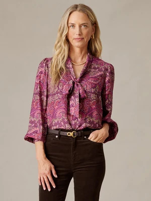 J.McLaughlin Women's Vienna Silk Blend Blouse in Heritage Paisley Wine/Purple/Orange, Size Large | J.McLaughlin
