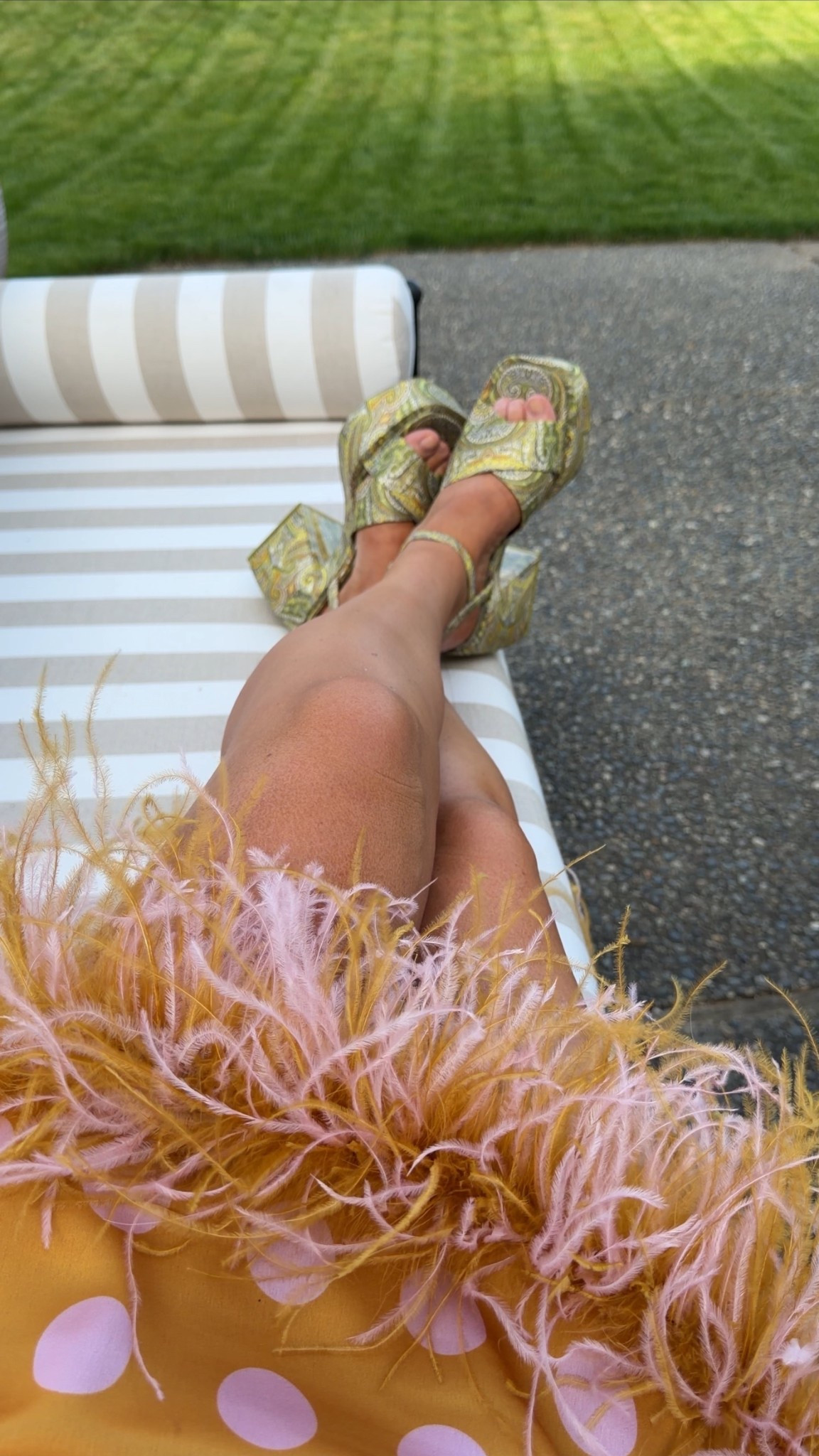 Size 10 in this polka dot feather dress (obsessed!!) I would take an 8 if I want pregnant. It has great length too I’m 5’ 5” and it’s mid to low thigh. Comfortable and so cute!! Platforms are amazing actually very easy to walk in and comfy. True to size! 

#featherdress #babyshowerdress #bresheppard #thirdtrimester #playformheels #polkadots #birthdaydress