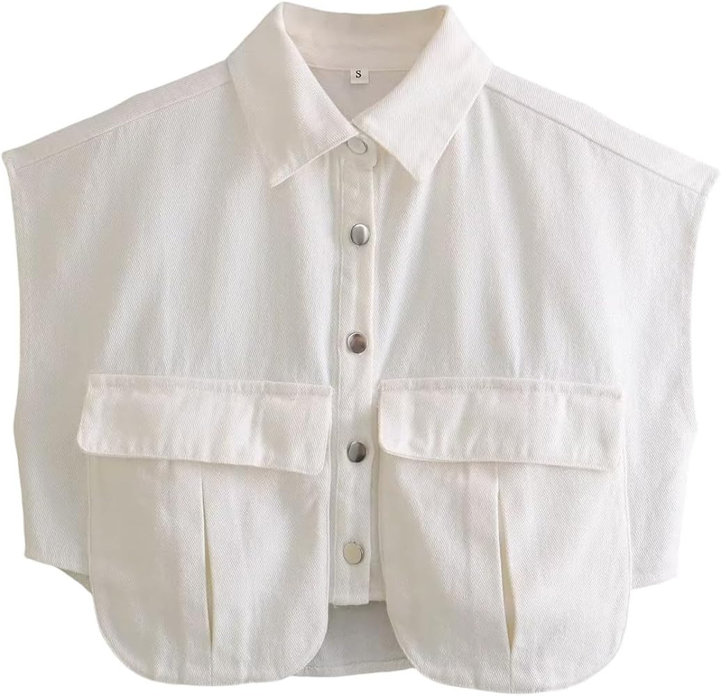 Perbai Womens Cropped Button Down Shirt Summer Collared Sleeveless Loose Denim Top with Pockets | Amazon (US)