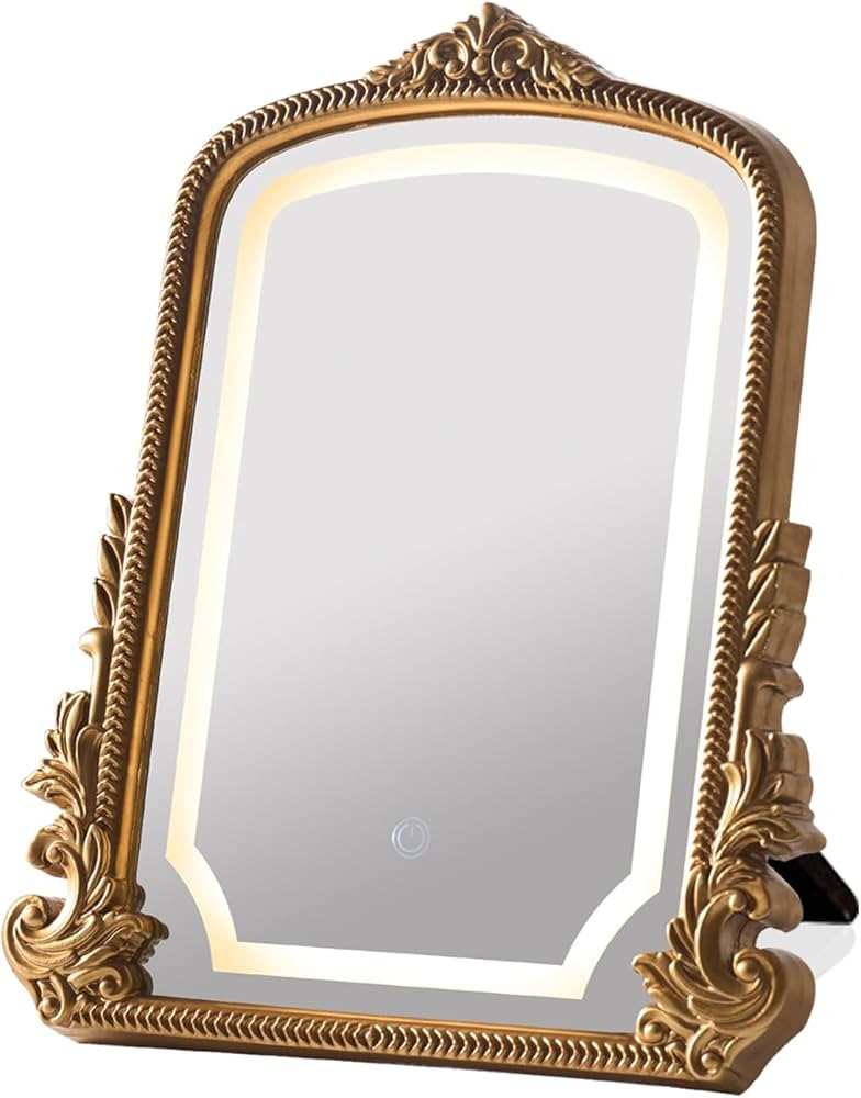 HSDDHOME Vintage Vanity Mirror with Three-Color Lighting, Antique Gold Carved Arch Table Mirror, ... | Amazon (US)