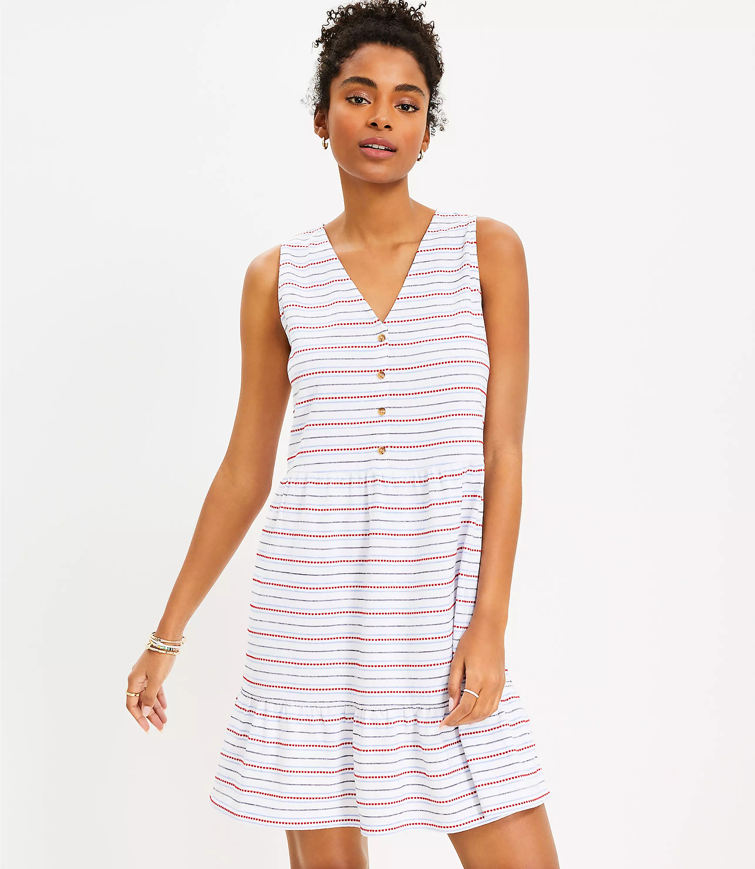 Dotted Stripe Button V-Neck Swing Dress | LOFT