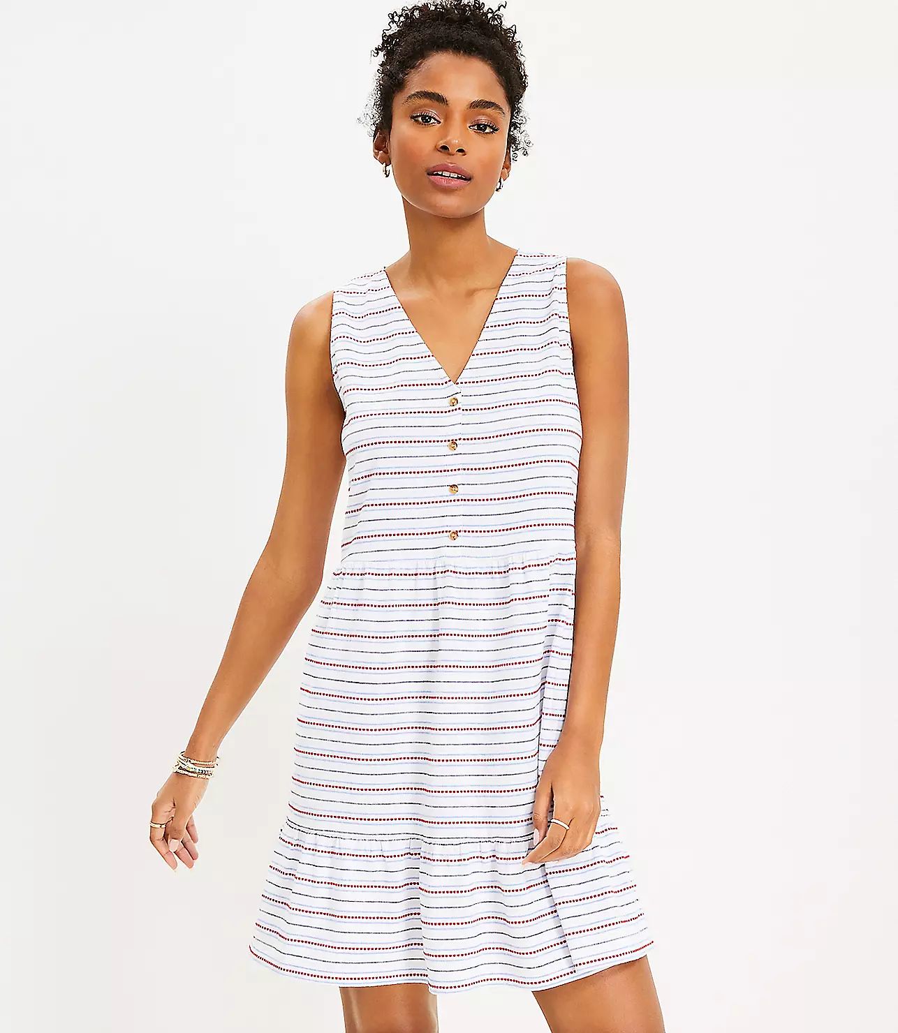 Dotted Stripe Button V-Neck Swing Dress | LOFT