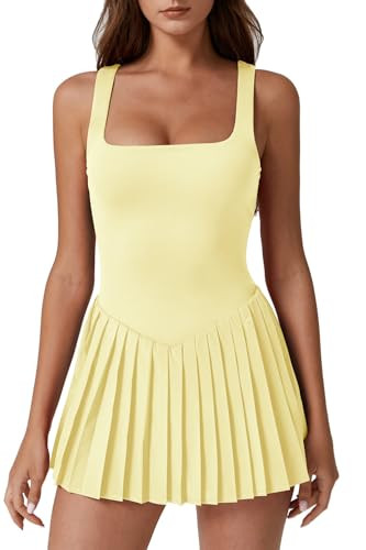 QINSEN Womens Square Neck Tennis Dress Pleated Sleeveless Built in Shorts Golf Athletic Dress wit... | Amazon (US)