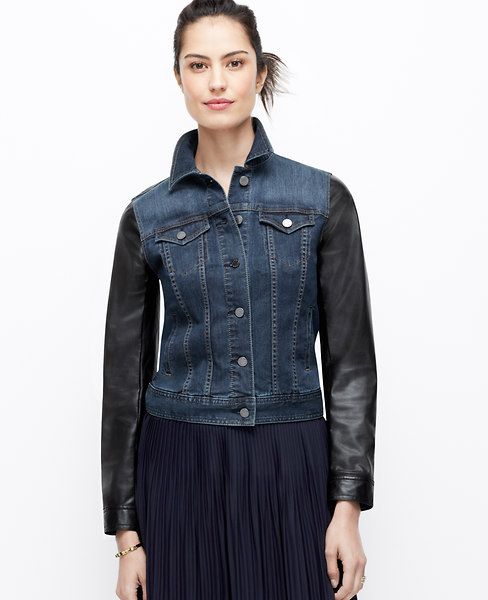 Ann Taylor Faux Leather Sleeve Denim Jacket, Dark Sky - ExtraSmall | Ann Taylor