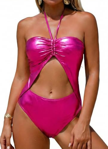 Women's Liquid Metallic One Piece Swimsuit V Neck Bathing Suit Open Back Slimming Sexy Swimwear with Plaid Bra Rosy S | Amazon (US)