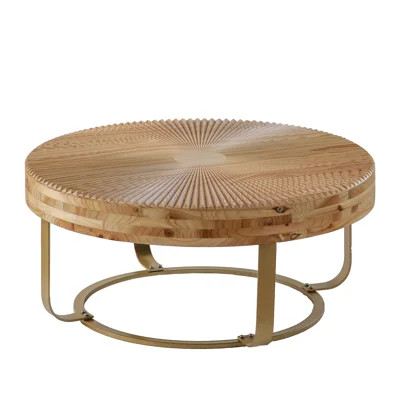 Modern Round Coffee Table Wooden Carving Pattern Coffee Table With Metal Legs For Living Room Reception Room Office Golden | Wayfair North America