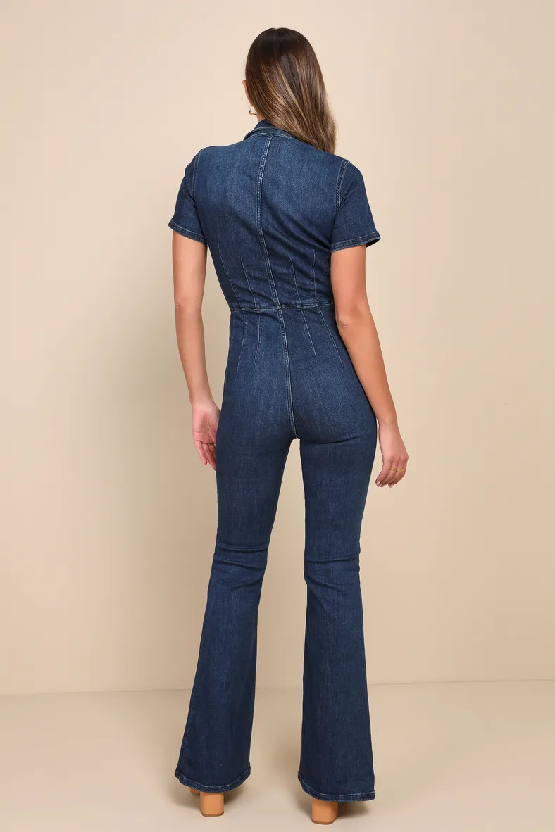 Jayde Dark Wash Denim Zip-Up Flare Jumpsuit | Lulus