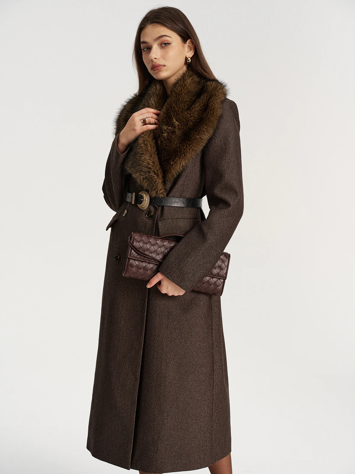 Faux Fur Collar Long Coat without Belt | Commense