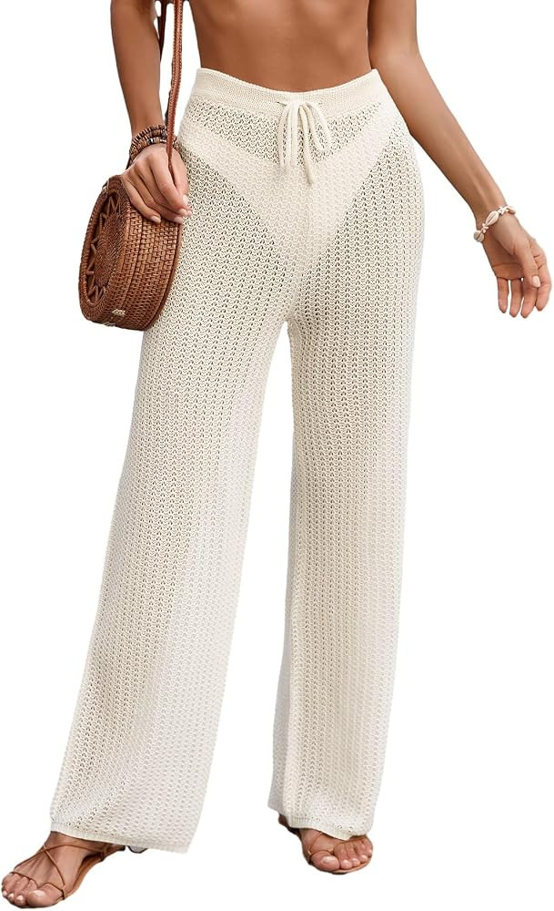 Womens Beach Crochet Bathing Swim Suit Elastic Waist Coverup Pants Summer | Amazon (US)