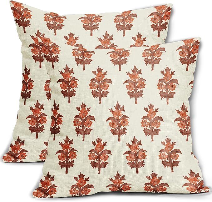 Burnt Orange Floral Pillow Covers 18x18 Set of 2 Fall Decor Flower Leaves Print Decorative Throw ... | Amazon (US)