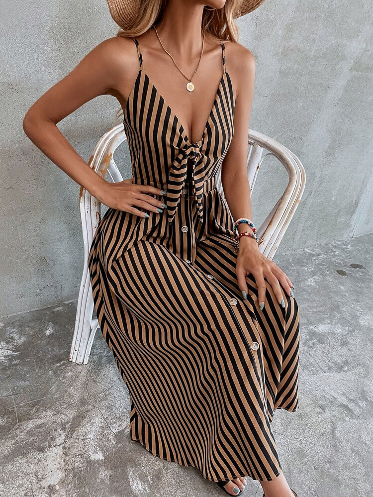 Tie Front Single Breasted Striped Peekaboo Cami Dress | SHEIN