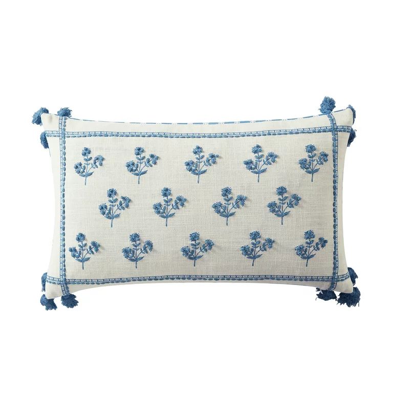 Better Homes & Gardens, Blue Block Print Floral Decorative Pillow, Oblong, 14"x24", Blue, 1 Piece | Walmart (US)