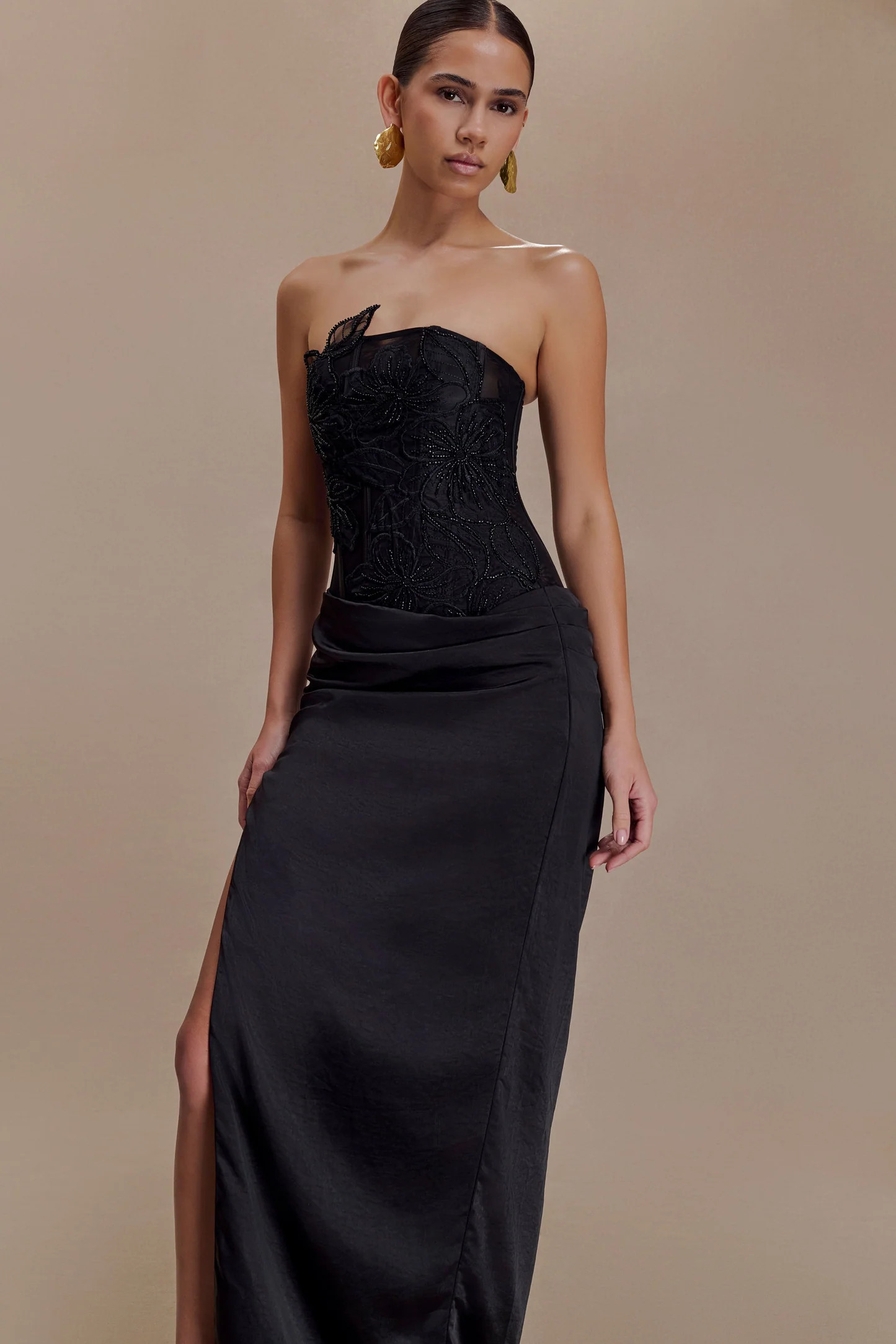 Asha Floral Mesh And Satin Maxi Dress - Black | MESHKI US
