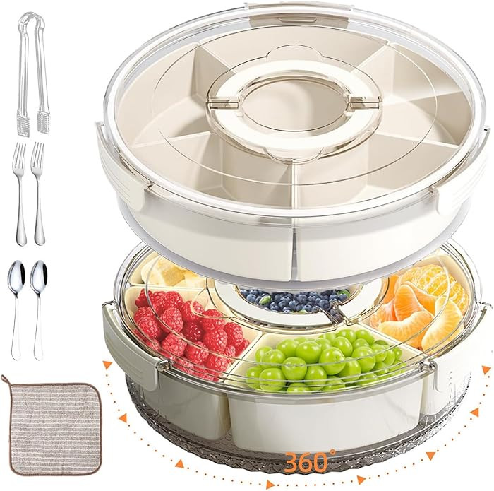 2 Pack Divided Rotating Snackle Box with Lid & Handle – Portable Lazy Susan Serving Tray for Fr... | Amazon (US)