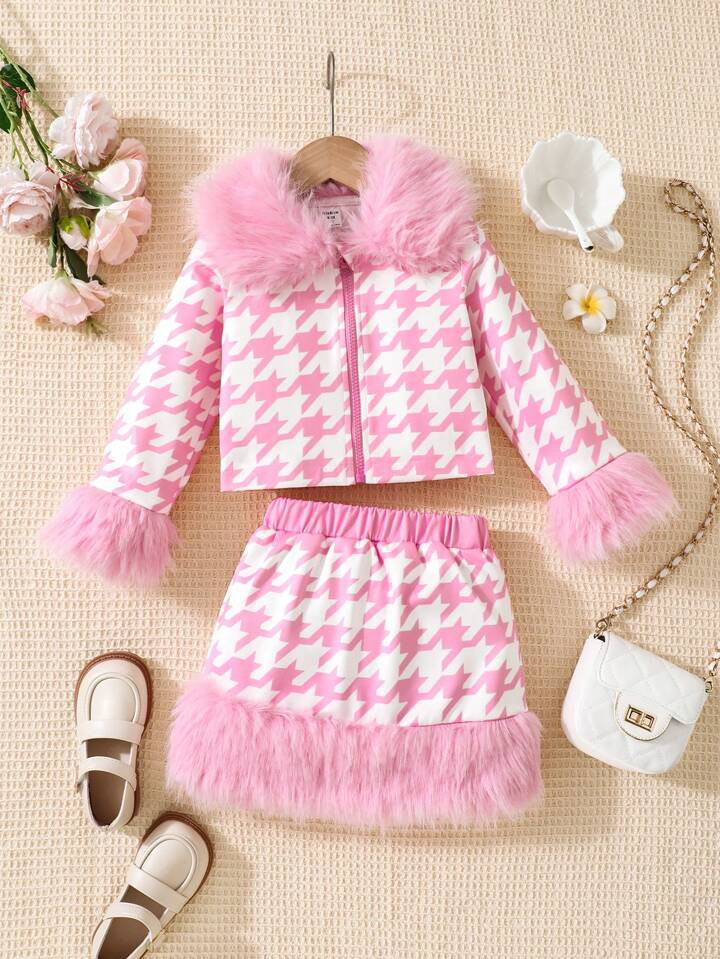 SHEIN 2pcs Young Girls Pink Houndstooth Pattern Woolen Jacket With Chain Detailing, Paired With S... | SHEIN