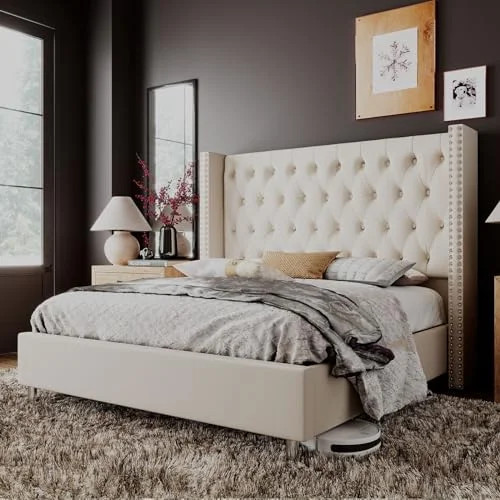Jocisland King Bed Frame Upholstered Bed Wingback Headboard Velvet Tufted Diamond Button/No Box S... | Walmart (US)
