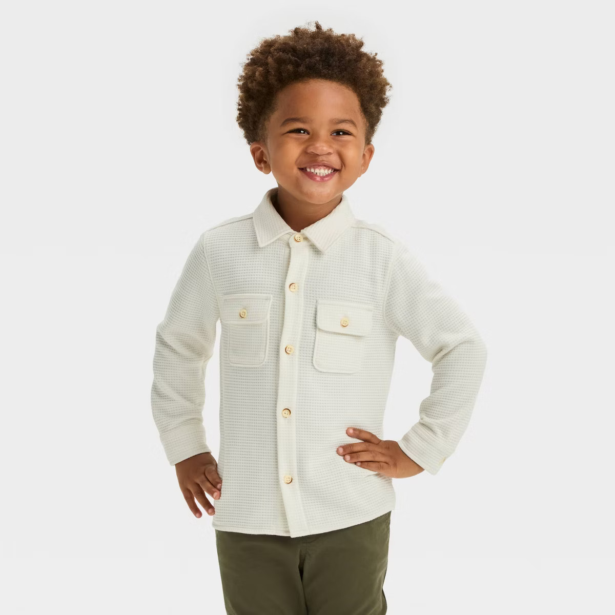 Toddler Boys' Long Sleeve Waffle 'Button-Up' Shirt - Cat & Jack™ Cream | Target