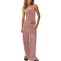 Amazon.com: Tankaneo Womens Striped 2 Piece Sets Summer Strapless Crop Tube Tops Wide Leg Pants M... | Amazon (US)