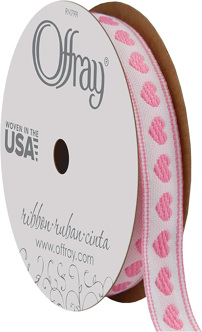 Offray 1/2" Wide Heart Pattern Ribbon for Crafts and Decoration, 9-Foot, Pink | Amazon (US)