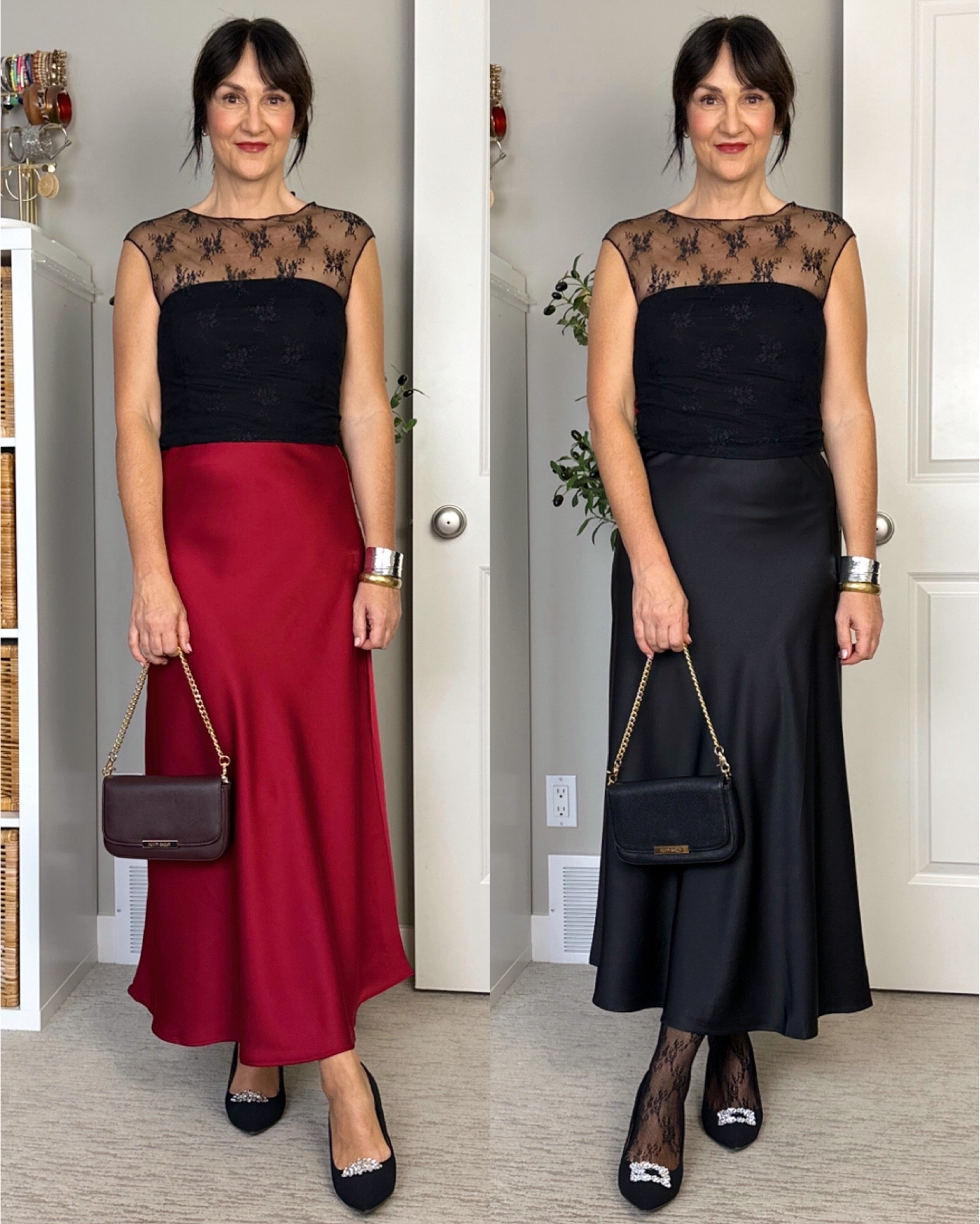 Outfit ideas for a satin maxi skirt: dressy outfits. I’m 5’ 7” size 4 wearing my usual size S in both skirts. It’s the same skirt in two different colors and there are several other colors available .
Lace top, tube top and heels  also fit tts.
My bag also comes with a longer leather strap to wear crossbody. I have it in black and plum.

#LTKParties #LTKStyleTip #LTKHoliday