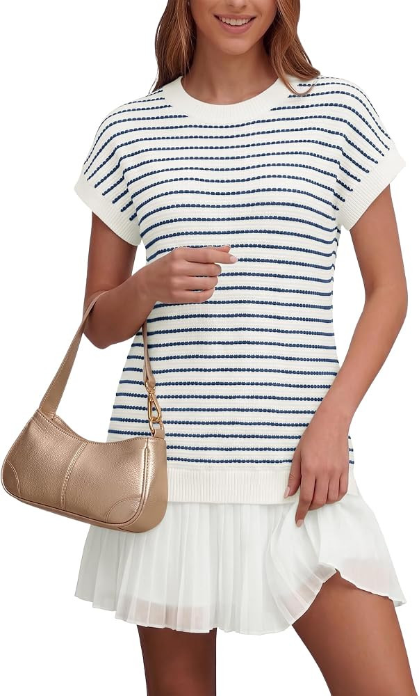 COCCKO Women's Striped Knit Short Sleeve Mini Summer Dress, Layered Pleated Chiffon Hem, Preppy C... | Amazon (US)