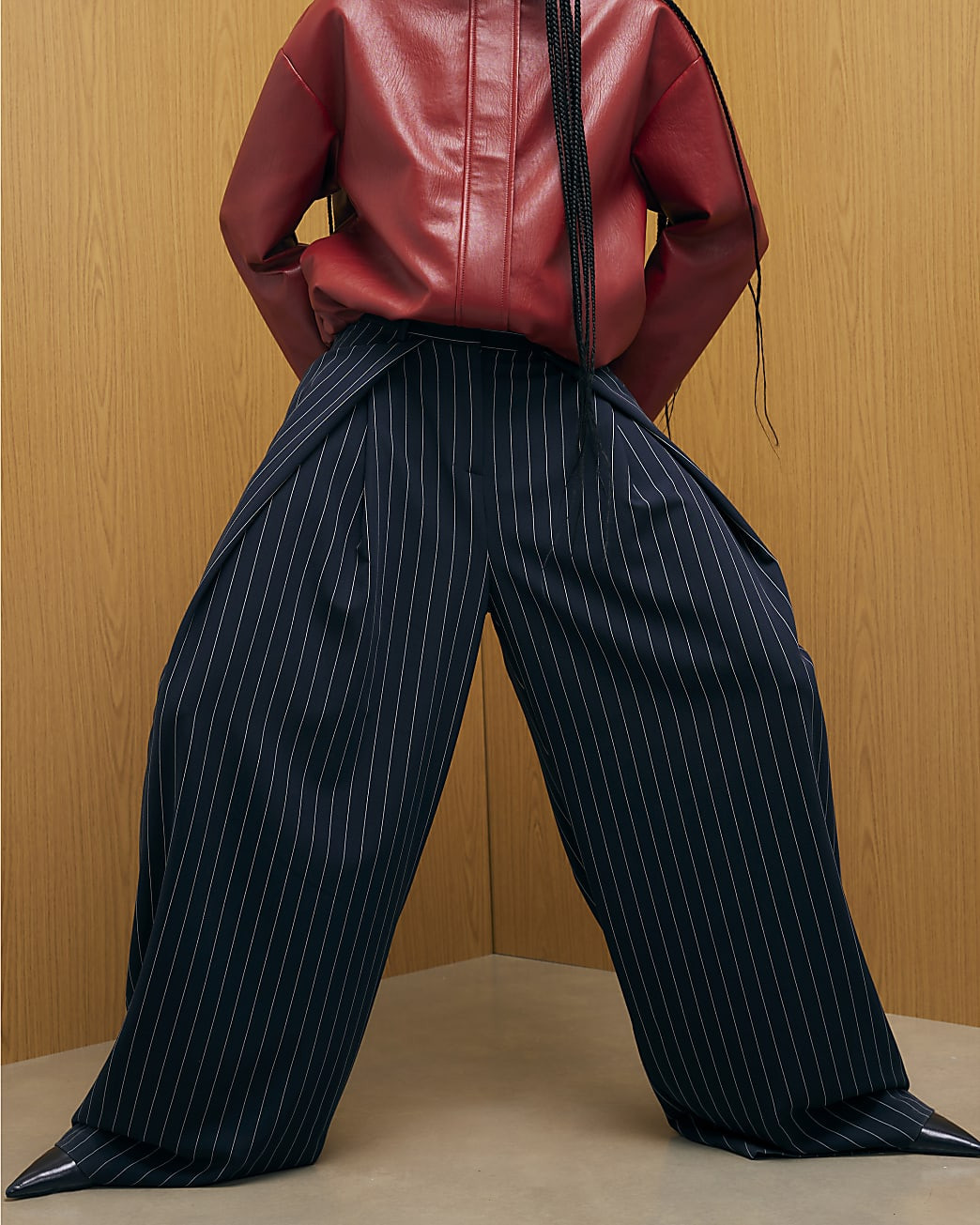 Navy Stripe Deep Pleated Wide Leg Trousers | River Island UK & IE