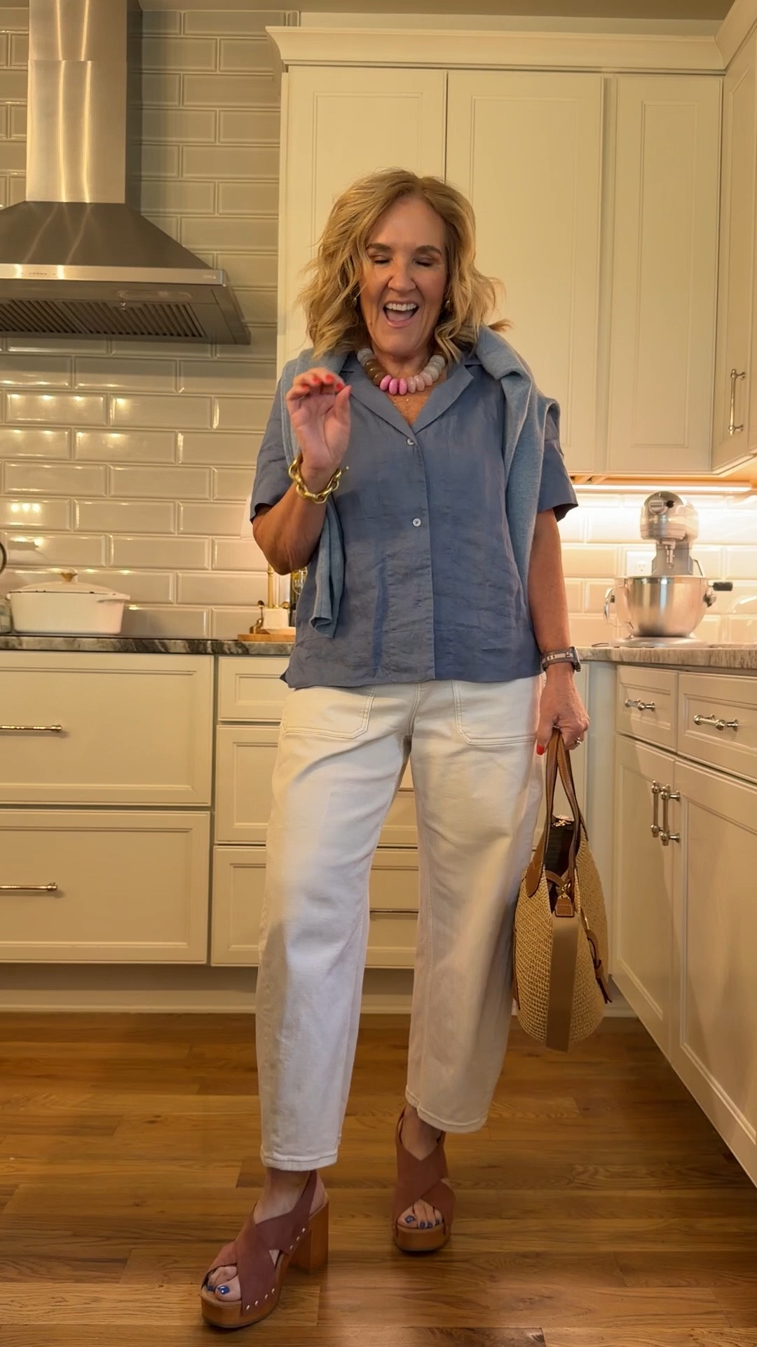 Quince top size medium also linking a coordinating cashmere size medium 
Jeans are a spanx barrel size medium petite 
10% off my bag with code NANETTE
Clogs size down if in between 

Casual spring ecru jeans blue shirt


#LTKOver40 #LTKootd #LTKPetite