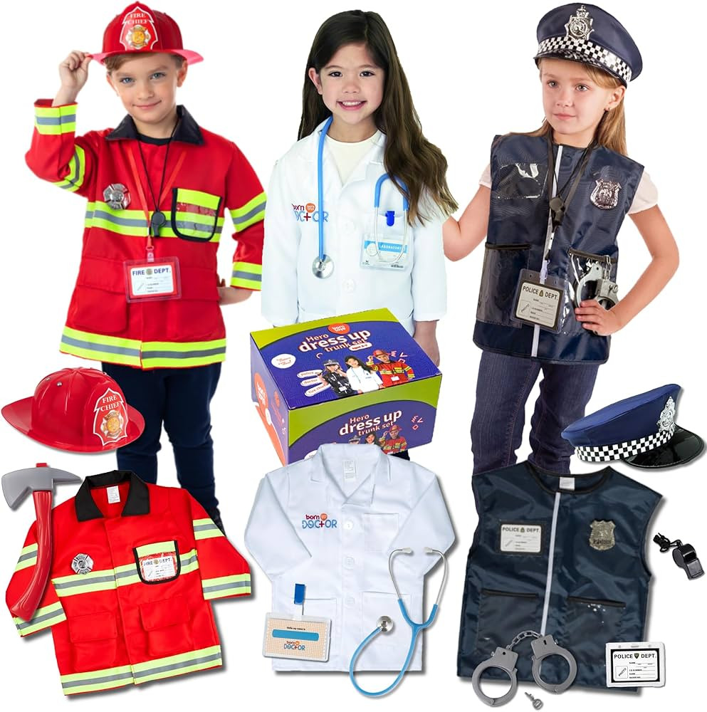 Born Toys Premium 16pcs Costume Dress up Set for Kids Ages 3-7 Fireman,Police Costume, and Doctor... | Amazon (US)