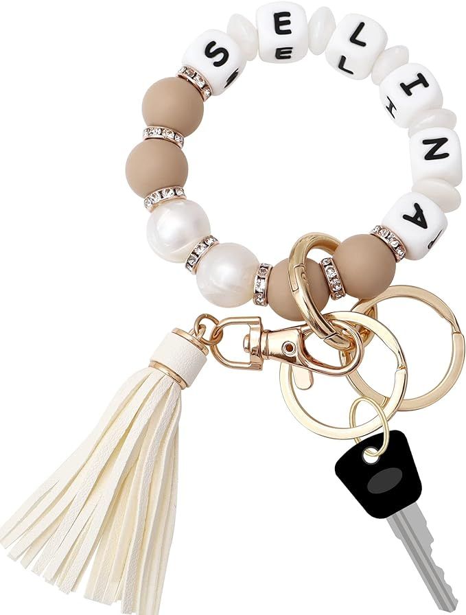 Wristlet Keychain Bracelet Personalized Name, Silicone Bead Portable House Car Keys Ring Holder B... | Amazon (US)