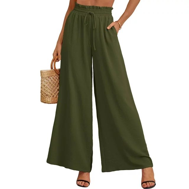 SHOWMALL Women's Pants Casual Elastic Waist Wide Leg Pants Olive S Palazzo Pants with Pockets | Walmart (US)