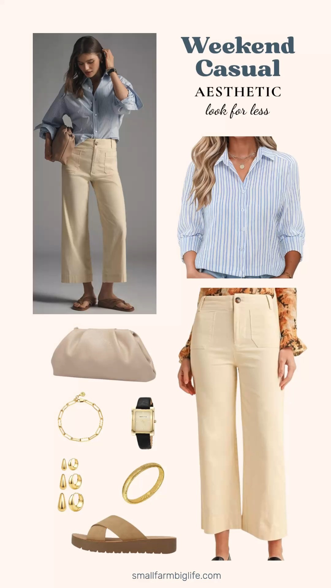 Love the weekend casual aesthetic but not the designer price tag? I found all the pieces on Amazon for so much less! From beige wide leg trousers and a classic blue and white striped button down to a leather clutch, flatform crisscross sandals, a gold watch, and the prettiest layered gold jewelry including chunky hoops, a paperclip bracelet, and a chunky gold bracelet, you can get the whole effortless and polished look for a fraction of the cost. Linking everything below! 

 #LTKgrwm #LTKootd #LTKOver40