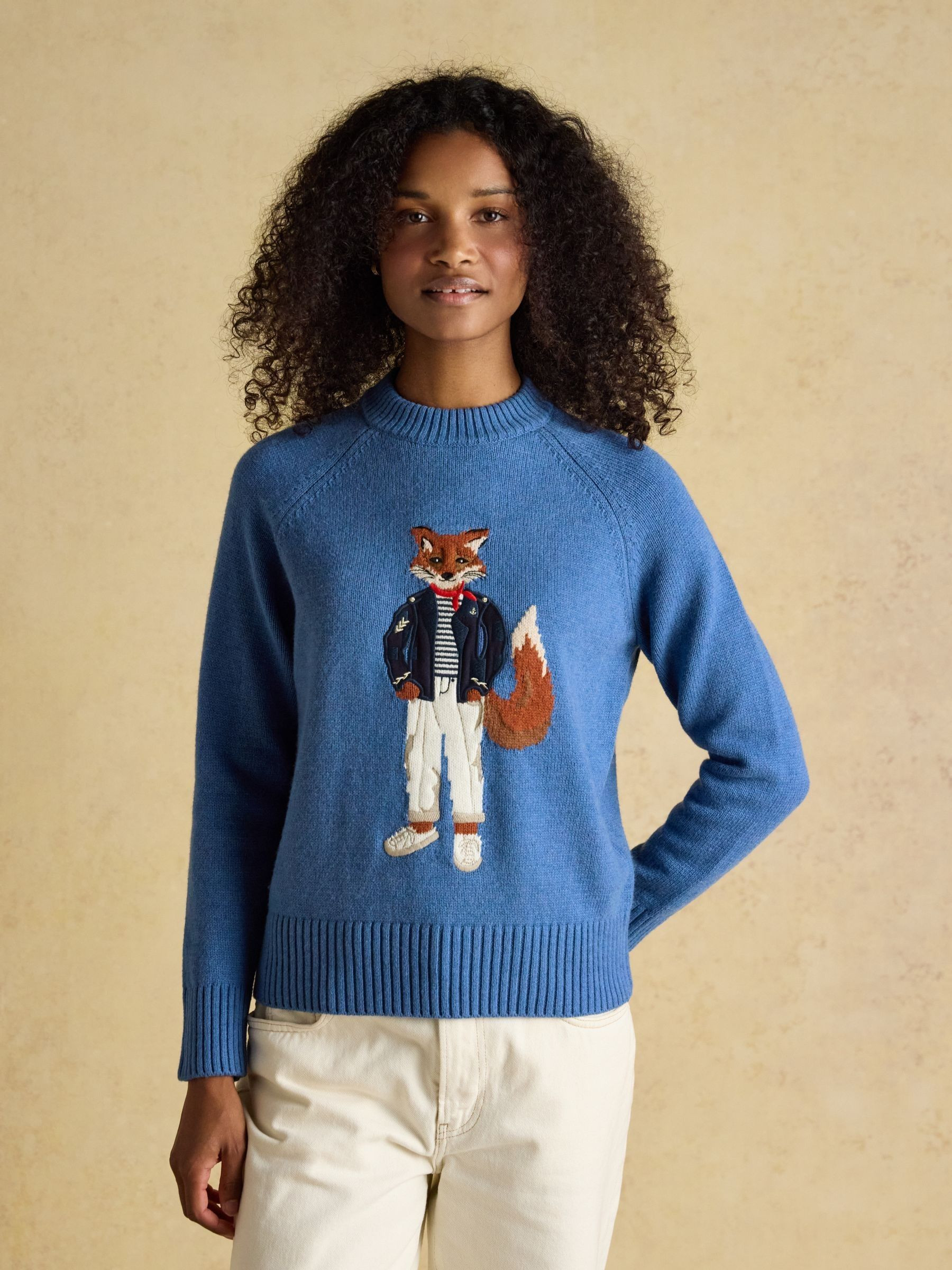 Blue Jonty Fox Embroidered Cotton-Rich Crew Neck Jumper | Joules | Joules