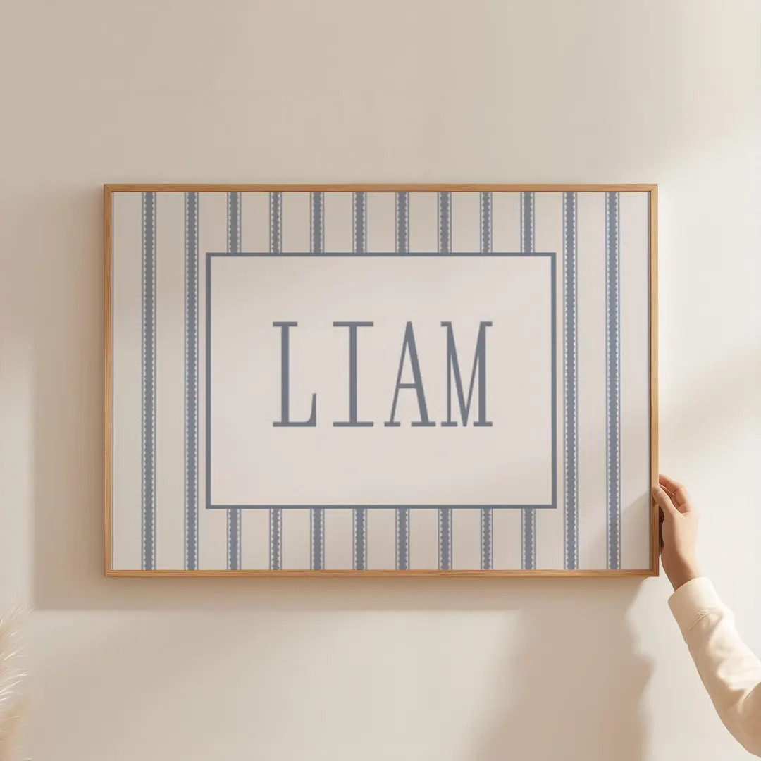 Personalized Vintage Blue Nursery Print Boy Nursery Blue Stripes Art Print Custom Nursery Printed... | Etsy (US)
