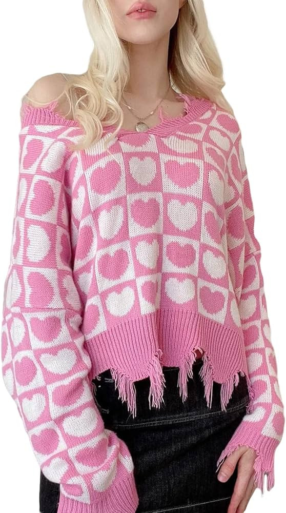 Women Valentine's Day Loose Sweater Pink Plaid Heart Knitted Pullover Y2K Vintage V Neck Knitwear... | Amazon (US)