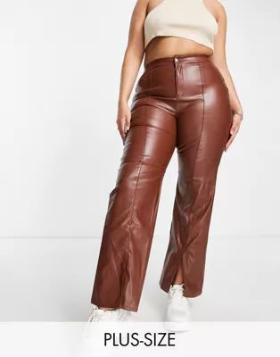 Missguided Plus faux leather split hem pants in brown | ASOS | ASOS (Global)