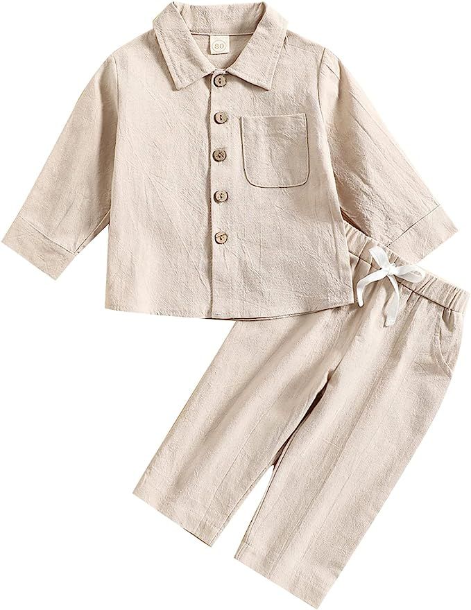 Baby Boy Cotton Linen Shorts Set Solid Color Short Sleeve Button Down T-Shirt Tops and Shorts Sum... | Amazon (US)