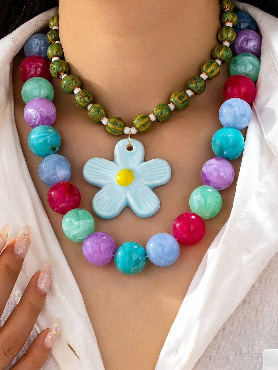 1/2pcs Bohemian Style Colorful Marble Pattern Choker With Blue Flower Pendant, 2pcs Layered Resin... | SHEIN