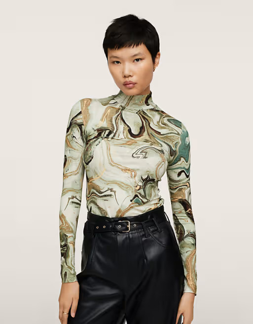 Mango long sleeved mesh top in marble print in green | ASOS (Global)