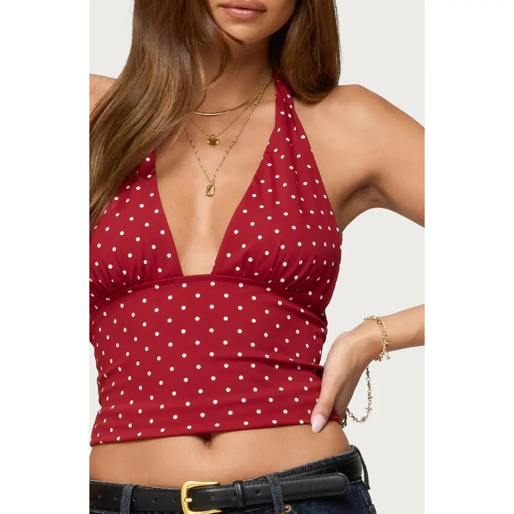 EDIKTED Blaire Polka Dot Halter Top in Burgundy-And-White at Nordstrom, Size Small | Nordstrom