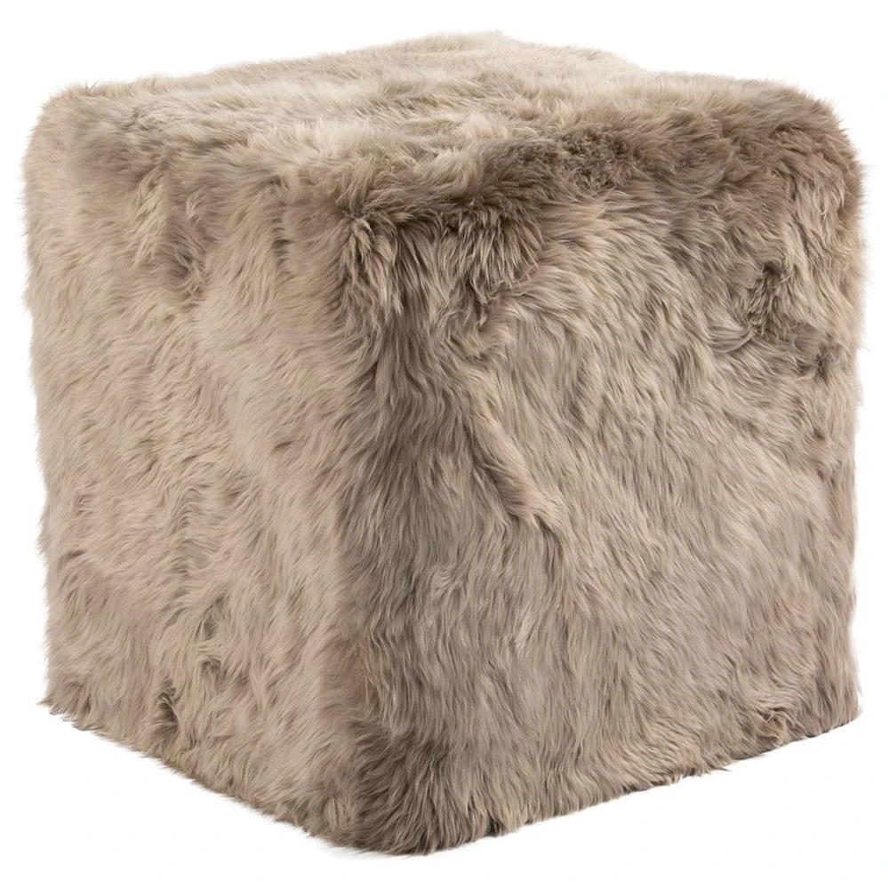 Harris Modern Classic Light Brown Long Wool Sheepskin Square Pouf | Kathy Kuo Home