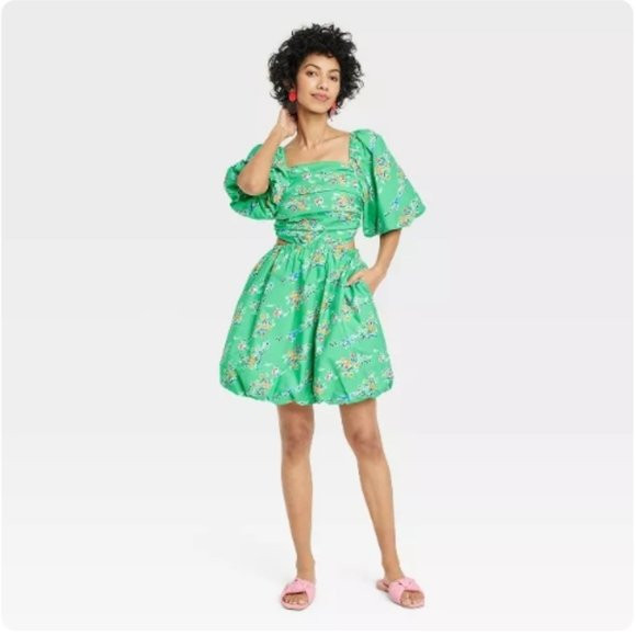 Women's Puff Short Sleeve Cut Out Bubble A-Line Dress - A New Day™Green Floral 3 | Poshmark