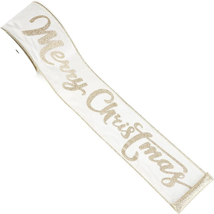 White Velvet Champagne Gold Merry Christmas Wired Ribbon 4 Inch x 10 Yards for Christmas Tree Dec... | Amazon (US)
