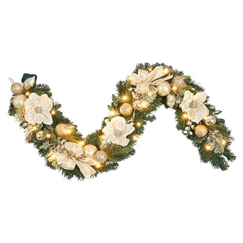 6ft White and Gold Christmas Garland with 25 LED Lights with Timer, prelit champgn Gold Garland with Magnolia and Plenty Ornament,Festive Lighted Decor for Front Door, Mantel, Stair & Fireplace | Amazon (US)