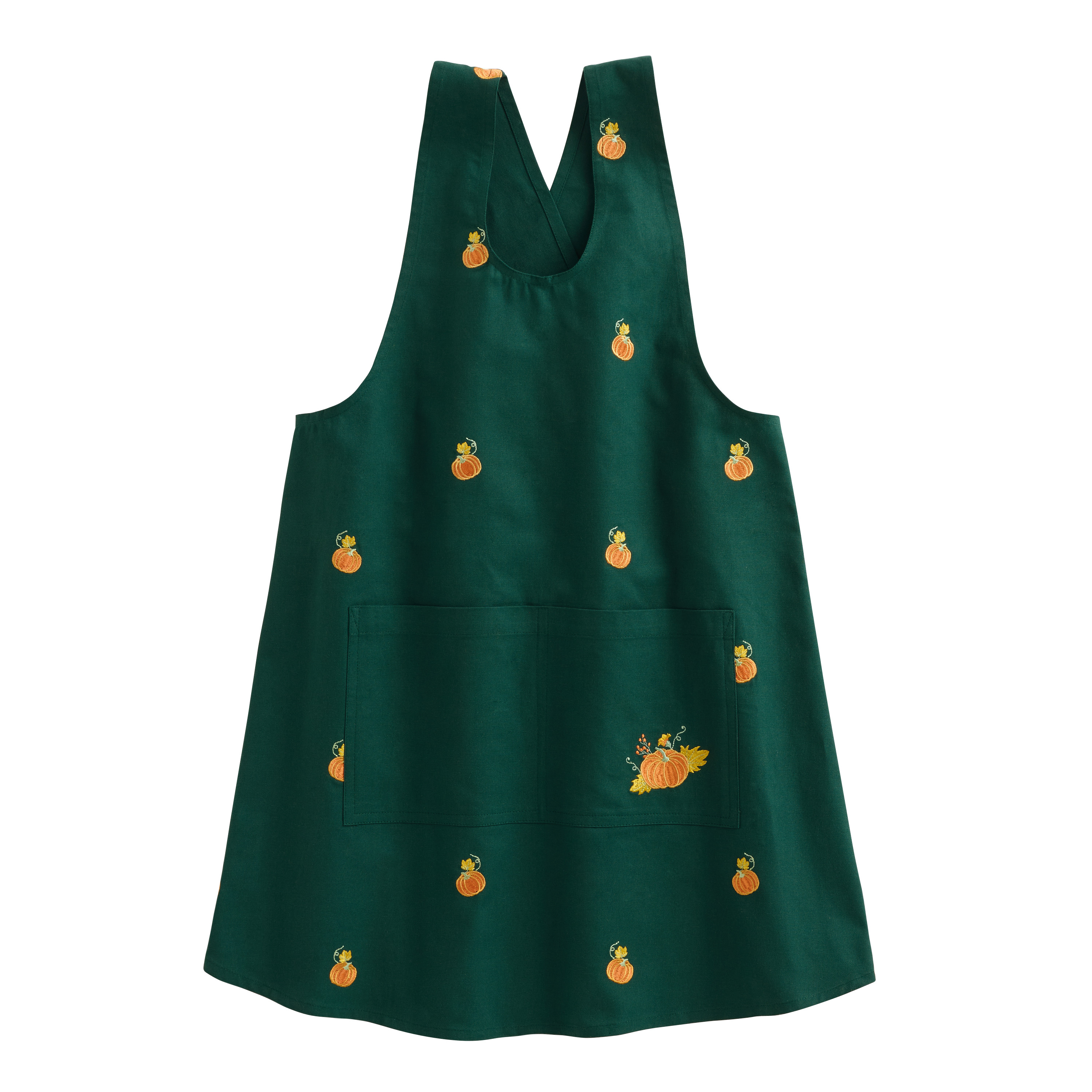 Pine Green and Orange Pumpkin Embroidered Smock Apron | World Market