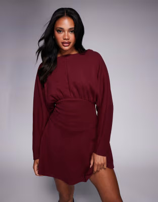 ASOS DESIGN supersoft slash neck blouson batwing mini dress in burgundy | ASOS (Global)