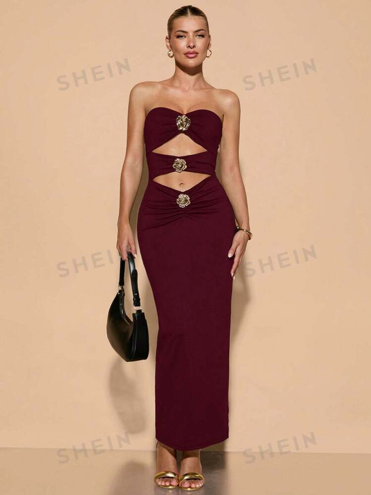 SHEIN BAE Women Metal Flower Decor Bodycon Sexy Backless Sleeveless Jumpsuit Dress For Autumn | S... | SHEIN