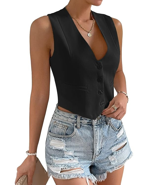 Floerns Women's Solid Sleeveless Button Front V Neck Vest Waistcoat Crop Top | Amazon (US)