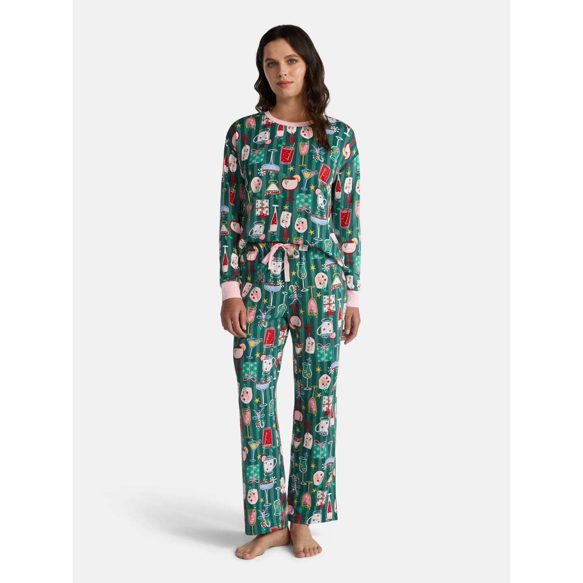 Women's Holiday Long Sleeve Sleep Top and Open Leg Pants Pajama Set by Jaclyn, 2-Piece, Sizes S-X... | Walmart (US)