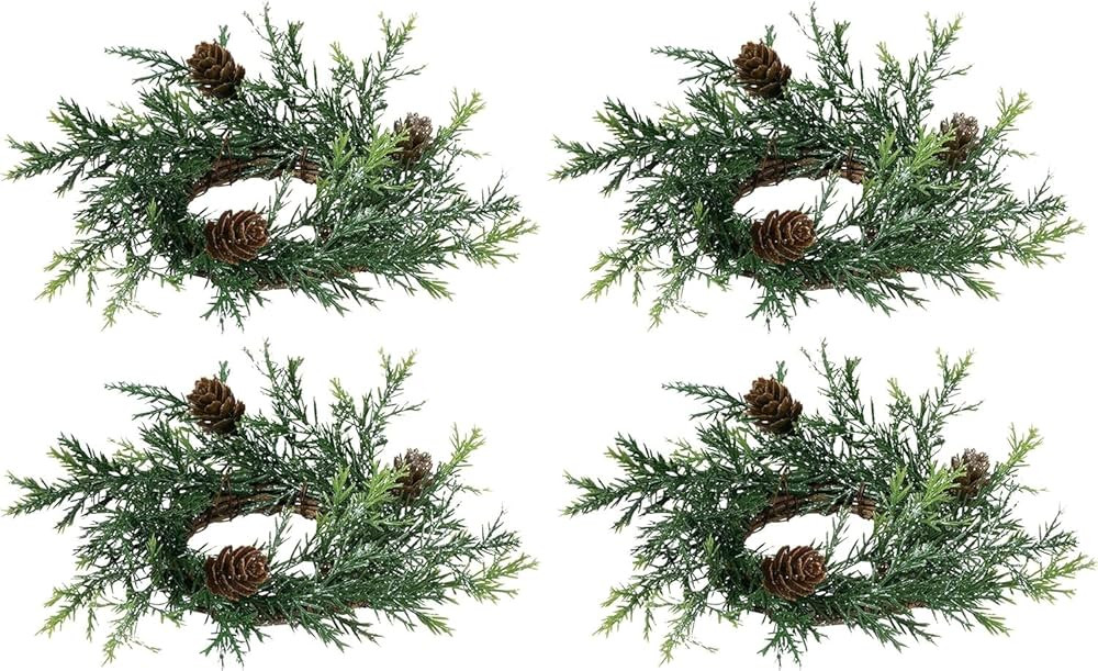 Set of 4 Holiday Candle Rings On Vine Base With Pine Cones and Greenery -Light Silver Glitter - 2... | Amazon (US)