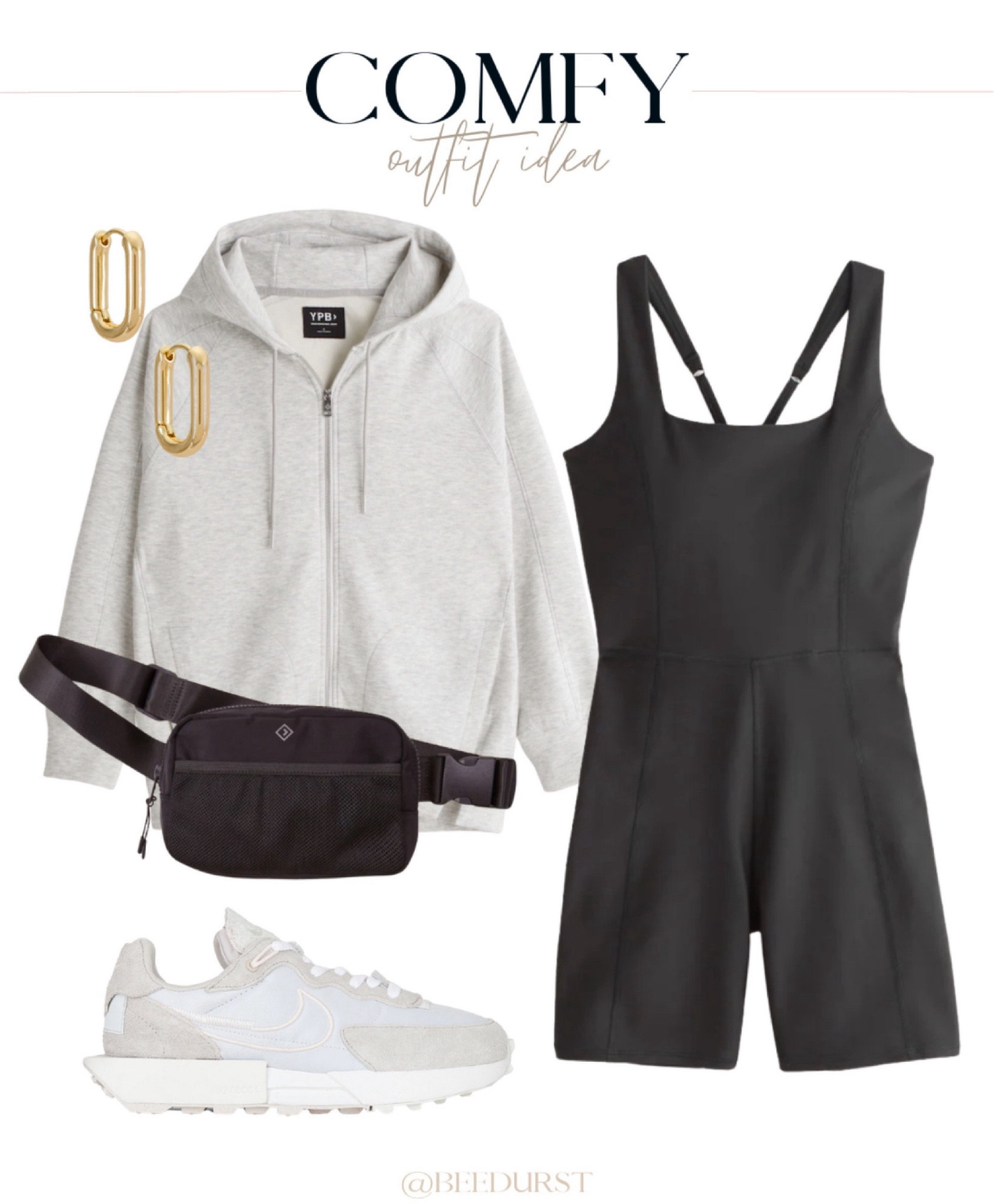 Comfy outfit idea, travel outfit, athleisure, loungewear, workout romper, workout onesie, oversized hoodie, zip hoodie, sneakers, belt bag, huggies 

#LTKStyleTip #LTKTravel #LTKFindsUnder100
